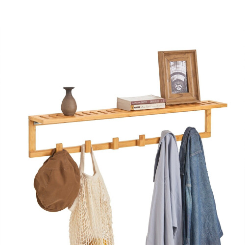 SoBuy FHK06-N Kapstok met Wandplank - 6 Haken - 90x12,5x16,5 cm - Bamboe Tweedehands