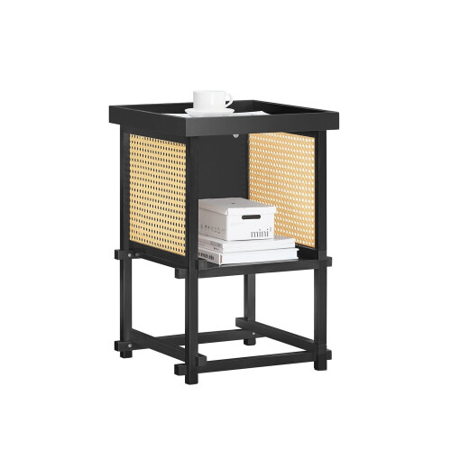SoBuy HFBT03-SCH - Bijzettafel - Bamboe frame met open opbergvak - zwart-geel - 40×40×60 cm Tweedehands