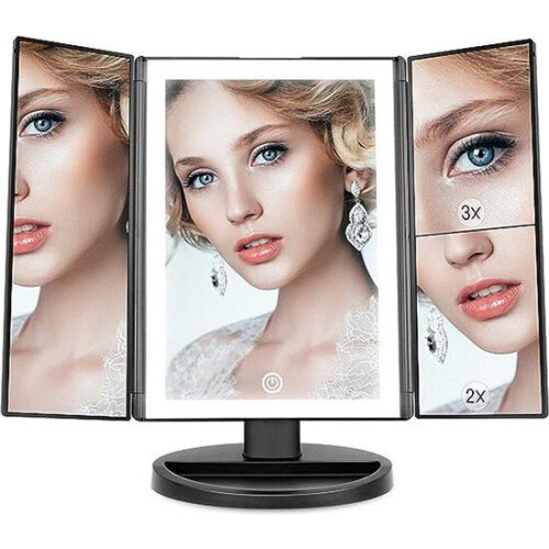 Spiegel met LED verlichting - Drieluik make-upspiegel - 22 LED lampjes - Zwart