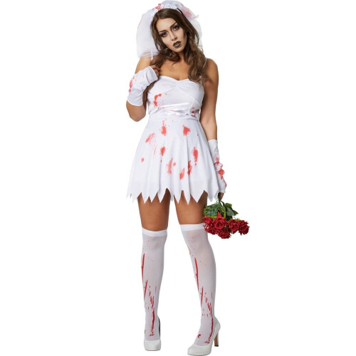 Spookbruidskostuum dames - Halloween jurk strapless met bloedvlekken - Maat S - Kleur wit Tweedehands