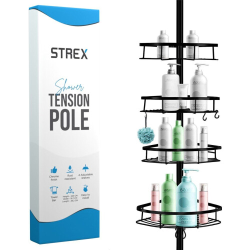 Strex Telescopisch Doucherek Zwart - Verstelbaar 70-275 cm - 4 Mandjes - Robuuste Kwaliteit - Bevestigen zonder Boren of Schroeven - Telescopisch Douche Rek Hoek