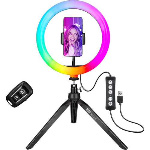 Studio ME - Multicolor Ringlamp - 10 inch/25 cm - RGB - Statief - Bluetooth - Afstandsbediening - USB Tweedehands