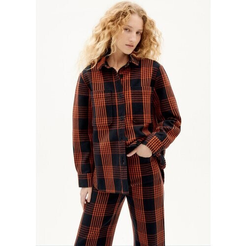 Thinking MU dames vegan Overshirt Norita Navy Geruit & Oranje Tweedehands