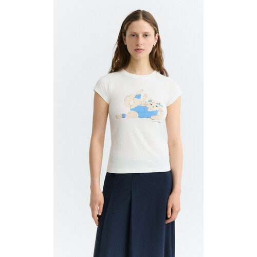 Thinking MU dames vegan T-Shirt Mirna Slim Fit Meowrobics Wit Tweedehands