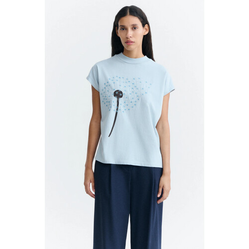 Thinking MU dames vegan T-Shirt Paardenbloem Geborduurd Volta Lichtblauw Tweedehands
