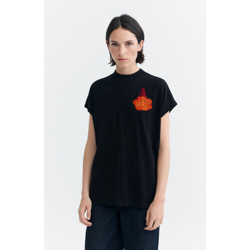Thinking MU dames vegan T-Shirt Volta Mandarijnen Geborduurd Zwart Tweedehands