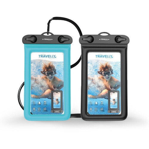 Travelly® Waterdicht Telefoonhoesje - IPX8 tot 30m - Universeel voor Smartphones - Set van 2 (Zwart/Blauw) (2 stuks)