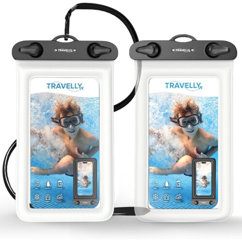 Travelly® Waterdicht Telefoonhoesje - Universeel Onderwater Hoesje - IPX8 Waterdicht tot 30m - Set van 2 (transparant & wit) (2 stuks) Tweedehands