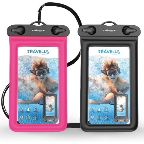 Travelly® Waterdicht Telefoonhoesje - IPX8 Onderwater Hoesje - Universele Pasvorm - Zwart/Roze (set van 2)