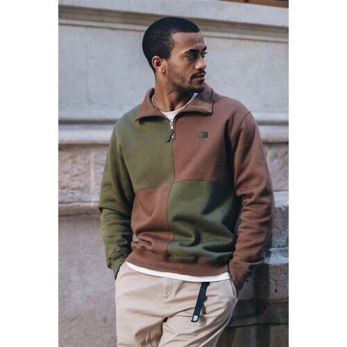 Trendsplant mannen vegan Sweater Half Zip Color Block Olijfgroen & Houtbruin Tweedehands