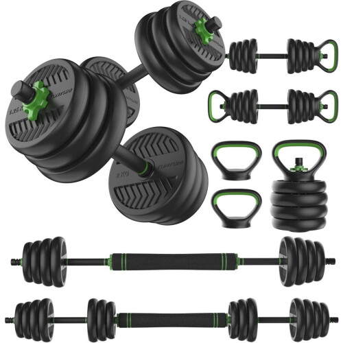 Tunturi Vinyl Halterset 28 kg - Dumbbells Barbell Kettlebell Push-up Steunen - Zwart Groen Tweedehands