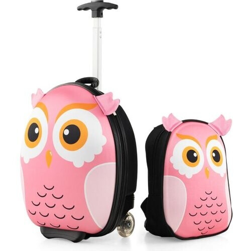 Tweedekans 2-Delige Kinderkofferset met 40 cm Kinderkoffer & 30 cm Rugzak Rollende Koffer Reistrolleykofferset voor Kinderen - Roze - Uil Tweedehands