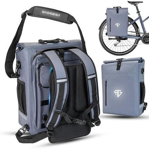 Tweedekans 3-in-1 fietstas voor bagagedrager (25 liter) - Rugzakfietstas met comfortabele vulling - Fietstas met veilige bevestiging - 100% waterdicht inclusief laptopvak (Grijs) Tweedehands