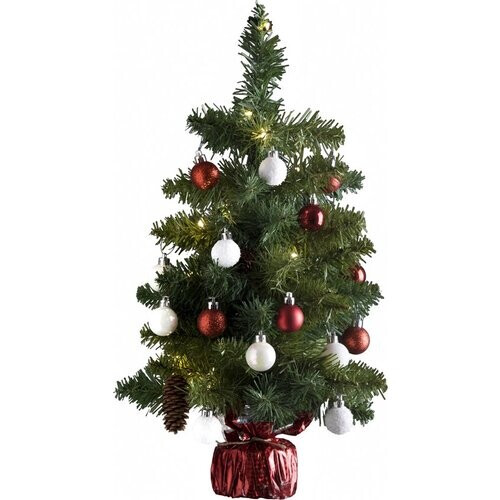 Tweedekans 4Goodz Compacte Kunstkerstboom 50 cm met LED-Verlichting en Rood-Witte Versiering Tweedehands