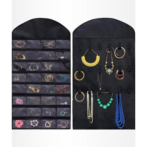 Tweedekans Aerend - Sieraden organizer - Dubbelzijdige hangende en doorzichtige Juwelenstandaard - Opbergaccessoires - Opbergtas boven de deur in zwart - Voor kettingen, oorbellen, zonnebrillen, ringen, Make-up Tweedehands