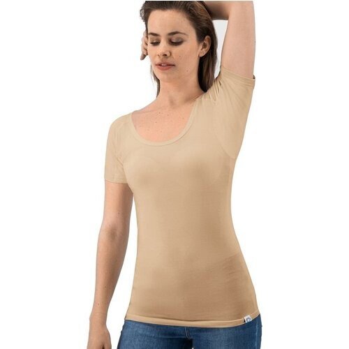 Tweedekans Anti Zweet Shirt - Fibershirts® - Ingenaaide Okselpads - Ondershirt - beige - Ronde Hals - Dames - Maat M Tweedehands