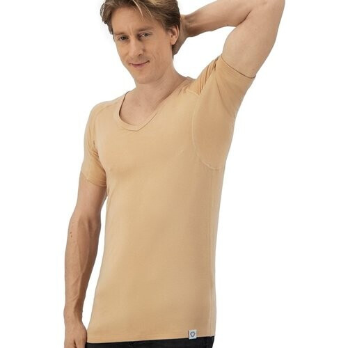 Tweedekans Anti Zweet Shirt - Fibershirts® - Ingenaaide Okselpads- Ondershirt - beige - V-hals - Heren - Maat XL Tweedehands