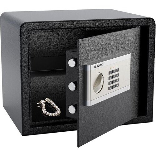 Tweedekans Auronic Elektronische Kluis - Cijferslot - Sleutel - Muurbevestiging - 4,3cm Deur - 130dB Alarm - 28L - 30x38x30cm - 10KG - Staal - Zwart Tweedehands