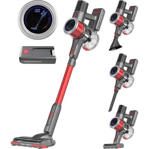 Tweedekans Auronic Steelstofzuiger - Draadloos - Zelfstaande Stofzuiger - Zonder Zak - 350W - Extra Accu - Vacuum Cleaner - Grijs/Rood Tweedehands