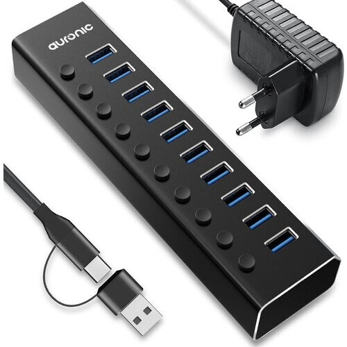 Tweedekans Auronic USB Hub 3.0 - USB Splitter met 10 Poorten - met Voeding - 5 GBPs - Led Indicatie - Zwart Tweedehands