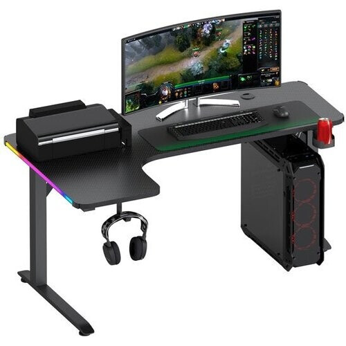 Tweedekans Avalo Gaming Bureau - 160x100x75 CM - L Vormig Hoekbureau - Game Desk Met LED Verlichting - Tafel - Zwart Tweedehands