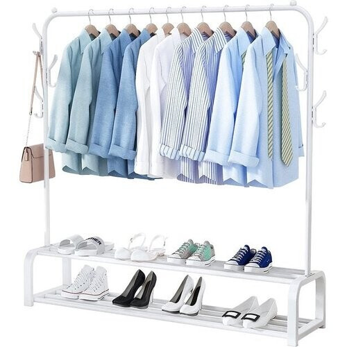 Tweedekans Avalo Industrieel Kledingrek - Metaal - 110x33x150 CM - Wit - Opbergruimte Voor Schoenen - Garderoberek Met Haken Tweedehands