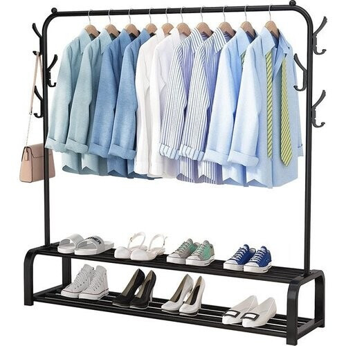 Tweedekans Avalo Industrieel Kledingrek - Metaal - 110x33x150 CM - Zwart - Opbergruimte Voor Schoenen - Garderoberek Met Haken Tweedehands