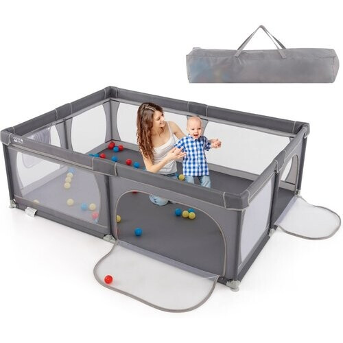 Tweedekans Babybox met Grote Ritsdeur Groot Speelhek met Zijvak & 50 Speelballen Grote Vloerstaande Babybox 206 × 147 × 68,5 cm Donkergrijs Tweedehands