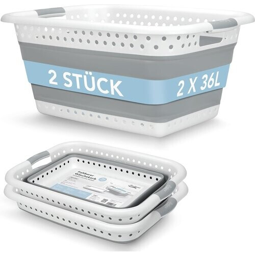 Tweedekans BADIONA Set van 2 Opvouwbare Wasmanden 36L – Grijs/Wit – 61 x 45 x 27 cm – Ruimtebesparend en Multifunctioneel Tweedehands