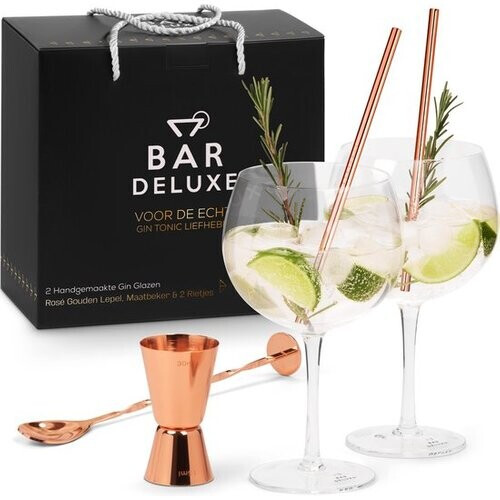 Tweedekans BarDeluxe® Gin Tonic Glazen - 500ml - Gin Tonic Geschenkset - Handgeblazen - Gin Glazen - 2 Stuks - Gin Set - Kristal - Cadeau voor Vrouw - Cadeau voor Man - Inclusief 2 Gin Glazen, Gin Tonic Lepel, Maatbeker, 2 RVS Rietjes & Receptenboekje Tweedehands