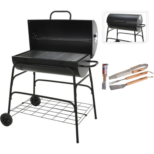 Tweedekans BBQ Houtskoolbarbecue - Cilinder - Op wielen - 77x97cm INCL Grillgereedschap Tweedehands