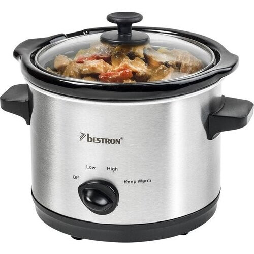 Tweedekans Bestron Slowcooker, met 3 programma's, keramische pan & glazen deksel, voor 2 Personen, 1,5L capaciteit, vatwasserveilig, 120 Watt, kleur: zilver Tweedehands