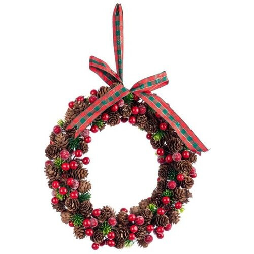 Tweedekans Bizzotto Ilmy Ronde Kerstkrans - Ø 30 cm - Rood/Bruin - Met Dennenappels en Ophanglint Tweedehands