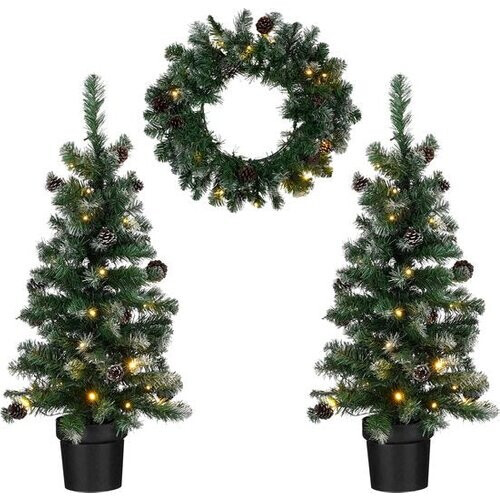 Tweedekans Black Box Trees Norton Set van 2 Kunstkerstbomen en 1 Kerstkrans met LED Verlichting - Groen Frosted Tweedehands