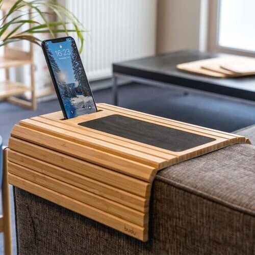 Tweedekans Budu Armleuning dienblad voor bank – Flexibel – Armleuning organizer – Bamboe hout – Anti slip - Telefoonhouder Tweedehands