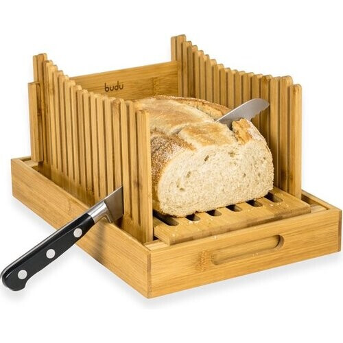 Tweedekans Budu broodsnijder bamboe – Broodsnijder hulpmiddel - Broodplank hout – Broodsnijplank met opvangbak - Bamboe - 30x20cm Tweedehands
