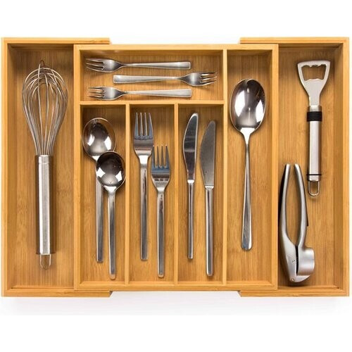 Tweedekans Budu Uitschuifbare Bamboe Bestekbak #33,5 (33,5 cm diep) - Bestekcassette Hout - Besteklade - 33,5 x 28 - 45 cm - 5/7 vakken Tweedehands