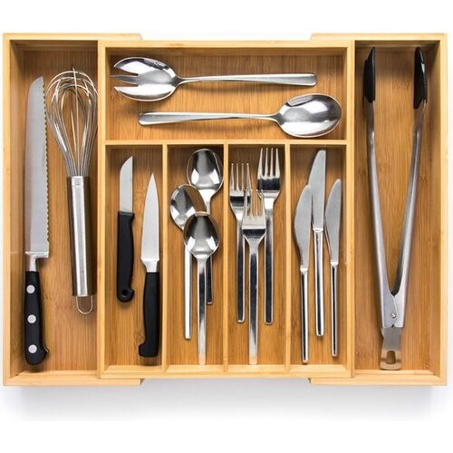 Tweedekans Budu Uitschuifbare Bamboe Bestekbak #38 (38 cm diep) - Bestekcassette Hout - Besteklade - 38 x 29,5 - 47,8 cm - 5/7 vakken Tweedehands