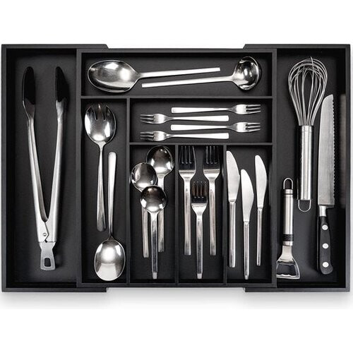 Tweedekans Budu Uitschuifbare Bamboe Bestekbak #38 (38 cm diep) - Zwart - Bestekcassette Hout - Besteklade - 38 x 29,5 - 47,8 cm - 5/7 vakken Tweedehands