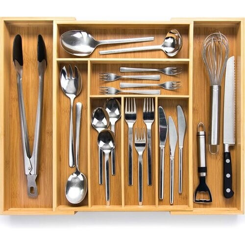 Tweedekans Budu Uitschuifbare Bamboe Bestekbak #43 (43 cm diep) - Bestekcassette Hout - Besteklade - 43 x 32,2 - 53 cm - 6/8 vakken Tweedehands