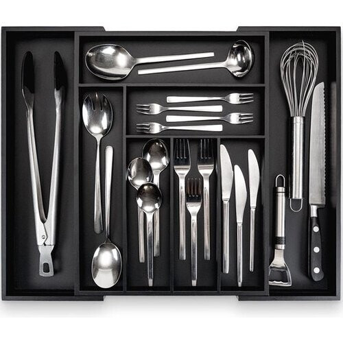 Tweedekans Budu Uitschuifbare Bamboe Bestekbak #43 (43 cm diep) - Zwart - Bestekcassette Hout - Besteklade - 43 x 32,2 - 53 cm - 6/8 vakken Tweedehands