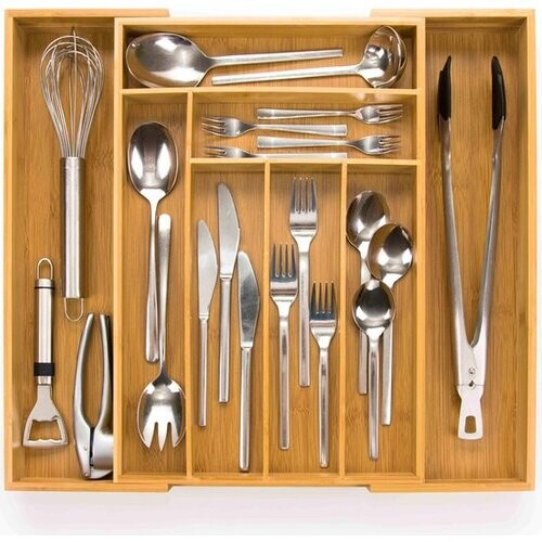 Tweedekans Budu Uitschuifbare Bamboe Bestekbak #45 (45 cm diep) - Bestekcassette Hout - Besteklade - 45 x 30,6 - 50 cm - 6/8 vakken Tweedehands