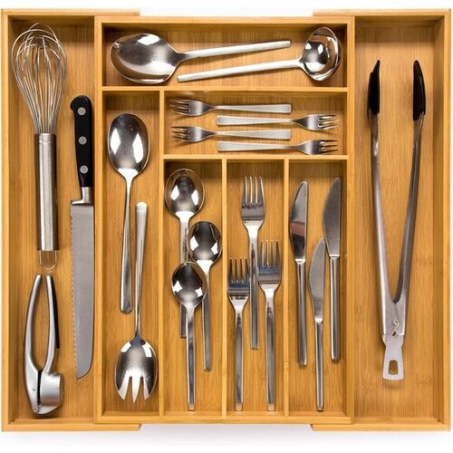 Tweedekans Budu Uitschuifbare Bamboe Bestekbak #47 (47 cm diep) - Bestekcassette Hout - Besteklade - 47 x 30,6 - 50 cm - 6/8 vakken Tweedehands