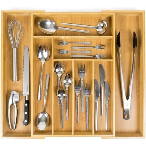 Tweedekans Budu Uitschuifbare Bamboe Bestekbak #50 (50 cm diep) - Bestekcassette Hout - Besteklade - 50 x 34,1 - 56 cm - 6/8 vakken Tweedehands
