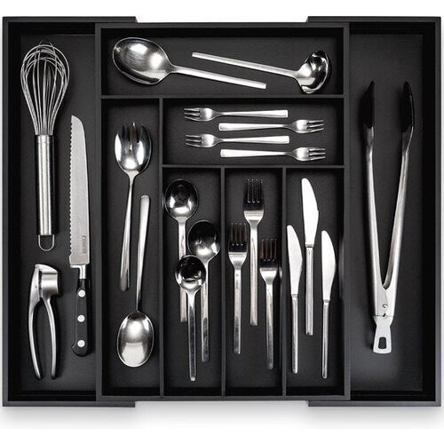 Tweedekans Budu Uitschuifbare Bamboe Bestekbak #50 (50 cm diep) - Zwart - Bestekcassette Hout - Besteklade - 50 x 34,1 - 56 cm - 6/8 vakken Tweedehands