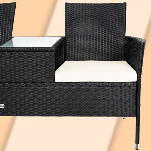 Tweedekans Casaria Polyrattan Tuinbank - Incl. Kussen Tafel 143x55x88 cm Zwart Tweedehands