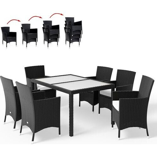 Tweedekans Casaria Polyrattan Tuinset – 6 Stoelen & Tafel 150x90cm – Zwart Tweedehands