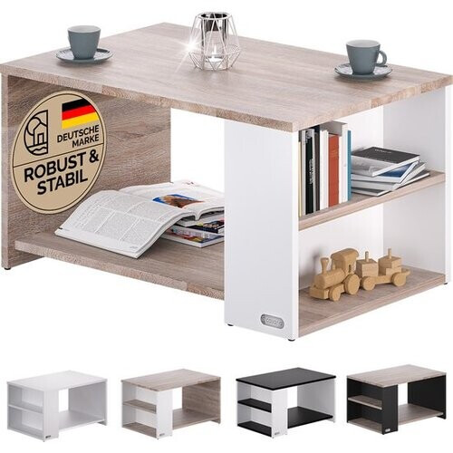 Tweedekans CASARIA Salontafel Opbergvakken – Krasbestendig 90x59x48cm – Wit Eik Tweedehands