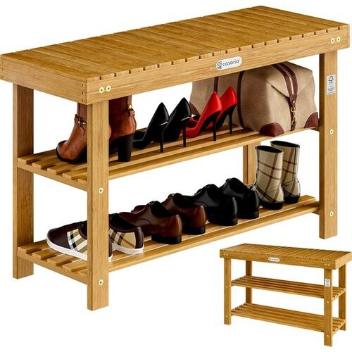 Tweedekans Casaria Schoenenrek - Zitbank 3 Schappen 90x33x46cm – Acaciahout Tweedehands