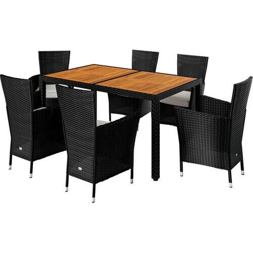 Tweedekans Casaria Tuinset - Tafel Acacia Polyrattan 150x90cm 6 Stoelen - Zwart Tweedehands